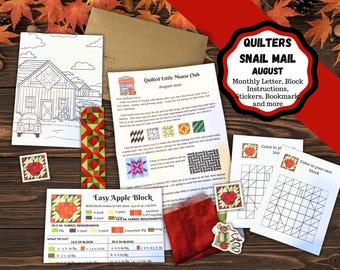 May include: A collection of quilting materials including a letter from the Quilted Little Mouse Club, an Easy Apple Block instruction sheet with fabric requirements in inches, coloring pages, a bookmark, a fabric swatch, and stickers.