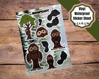 Big foot sticker sheets, cute Sasquatch with big feet. Kiss cut stickers