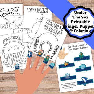 Printable Ocean themed finger puppets and ocean themed coloring pages, finger puppet craft.