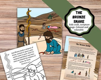 Può includere: Un set di artigianato per bambini con illustrazioni di una scena biblica. Il set include un'immagine a colori e una pagina da colorare con il testo di Numeri 21:9. Il testo sull'immagine recita "THE BRONZE SNAKE kids craft, scripture page. Colored and colorable."
