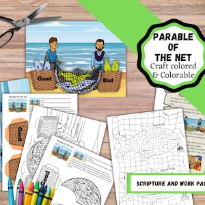 May include: A printable craft and coloring activity for kids based on the Parable of the Net from the Bible. The activity includes a craft, a maze, and a scripture and work page. The craft features a net with good and bad fish, and the maze features a path for good fish and a path for bad fish.
