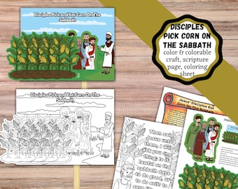 May include: A printable craft set titled Disciples Pick and Eat Corn On The Sabbath, featuring a colored scene, a black and white coloring page, and a scripture sheet with illustrations of figures in robes standing in a cornfield under a blue sky.