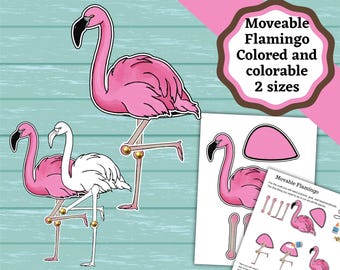 May include: A craft kit featuring a pink flamingo with a black-tipped beak, including a fully colored version and a white version for coloring. The set includes gold fasteners for movable joints and printed instruction sheets labeled Moveable Flamingo.