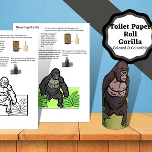 Artisanat de gorille imprimable. Artisanat de gorille debout en rouleau de papier toilette qui est livré avec une version BW/colorable et une version colorée. artisanat d'animaux