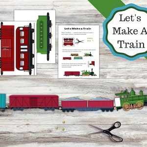Könnte beinhalten: Ausdruckbare Bastelaktivität für Kinder, um einen Zug zu basteln. Die Anleitung beinhaltet das Ausschneiden der Zugteile und das Zusammenbauen. Das Bild zeigt einen fertigen Zug mit einer grünen Lokomotive, roten Güterwagen und einem blauen Güterwagen.