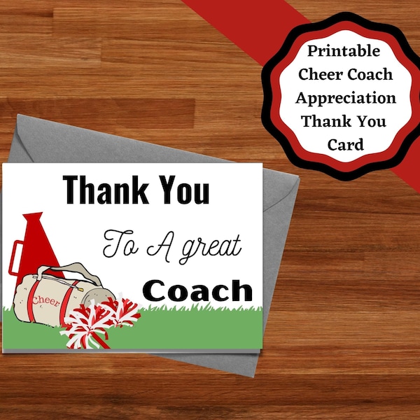 Cheer Coach printable thank you card, cheerleading