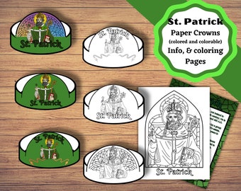 Printable St. Patrick paper crowns, coloring page, Info sheet. St. Patrick crowns ( colored and colorable. St. Patrick's Day Craft.