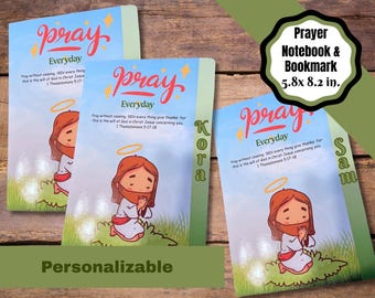 May include: Three prayer notebooks measuring 5.8 by 8.2 inches, each featuring a cartoon illustration of a figure kneeling in prayer on a grassy field. The text reads "pray Everyday" and includes the Bible verse 1 Thessalonians 5:17-18.