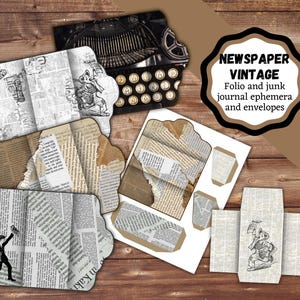 May include: Printable vintage newspaper style folio, journal, and envelope templates. The templates feature a black and white illustration of a person holding a newspaper.