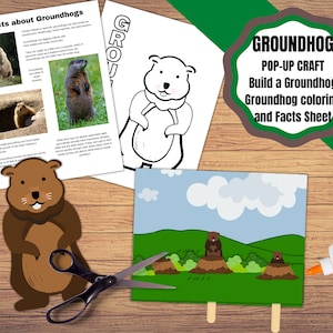 Printable Groundhog craft and activity pack. Pop-up groundhog craft, build a groundhog, facts and coloring pages. groundhog kids craft.