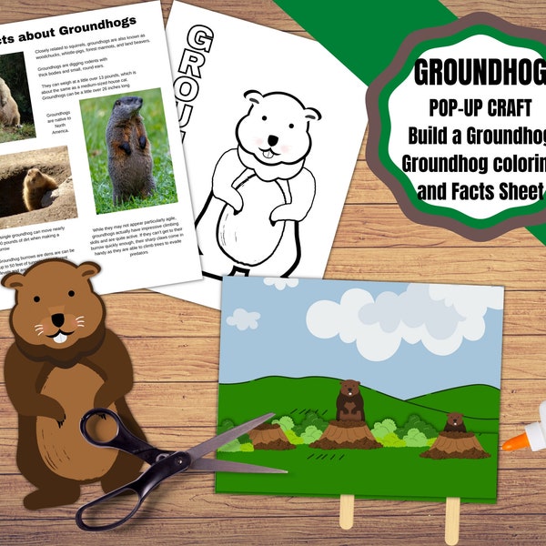 Printable Groundhog craft and activity pack. Pop-up groundhog craft, build a groundhog, facts and coloring pages. groundhog kids craft.