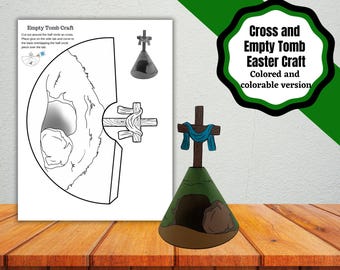 May include: A printable Easter craft for kids featuring a cross and an empty tomb. The craft is designed to be colored and assembled into a 3D model. The image includes instructions for cutting, gluing, and assembling the craft.