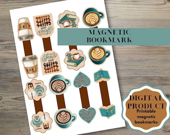 May include: A sheet of printable magnetic bookmarks featuring various designs including coffee cups with latte art, iced coffee drinks, books, and heart shapes. The text includes phrases like Jesus and Coffee and Start the day with Jesus.