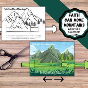 Puede incluir: Un kit de manualidades con el texto "Faith Can Move Mountains". El kit incluye una escena de montaña en blanco y negro para colorear, una escena de montaña coloreada y unas tijeras. El kit está diseñado para ser coloreado y ensamblado.