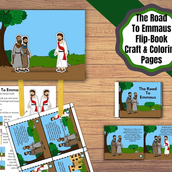 Printable Road To Emmaus Craft set, Road to Emmaus coloring and crafts for Bible lesson. Flip Book and Walking Jesus Craft