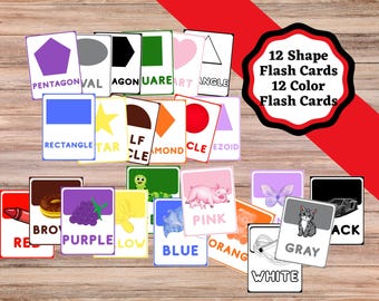 Printable flash cards for kids.12 Colors and 12 shapes educational cards.