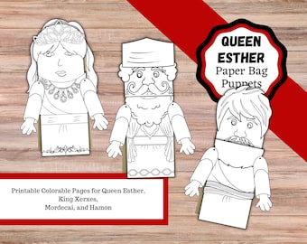 May include: Three black and white line art paper bag puppets representing Queen Esther, King Xerxes, and Mordecai. The text reads QUEEN ESTHER Paper Bag Puppets and Printable Colorable Pages for Queen Esther, King Xerxes, Mordecai, and Hamon.