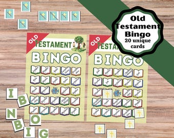 May include: Two Old Testament Bingo game cards featuring a grid of book titles, a free space with a fish icon, and a cross icon. The cards include the text Old Testament Bingo 20 unique cards, along with separate small square tiles showing book names.