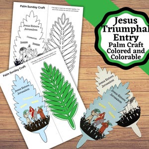 Puede incluir: Artesanía del Domingo de Ramos con un diseño de hoja de palma verde y azul. La hoja está dividida en dos secciones, una con una ilustración a color de Jesús entrando en Jerusalén y la otra con un contorno en blanco y negro de la misma escena. El texto "Jesús entra en Jerusalén" está escrito en la hoja. El título "Entrada Triunfal de Jesús Artesanía de Palma Coloreada y Colorable" está escrito en un círculo verde con borde negro.