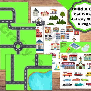 Construa uma cidade, estradas imprimíveis e páginas de edifícios, carros, barcos, árvores e muito mais para criar uma cidade. Atividade de recortar e colar