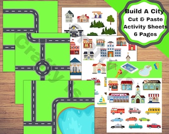 Build a City, Printable roadways and pages of buildings, cars, boats, trees, and more to make a City. Cut and Paste Activity