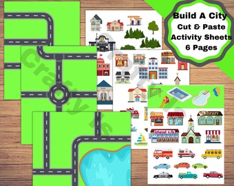 Build a City, Printable roadways and pages of buildings, cars, boats, trees, and more to make a City. Cut and Paste Activity