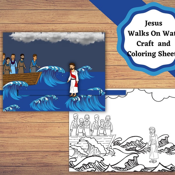 Jesus Walks on Water moving bible story craft, printable Jesus activity and coloring pages.