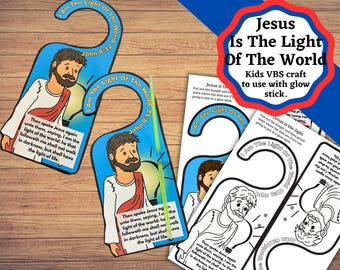 May include: Door hangers with a religious theme. The blue door hangers feature a cartoon illustration of Jesus with text from John 8:12. The text on the door hanger reads "I am the light of the world". The image also includes a sign that says "Jesus Is The Light Of The World".