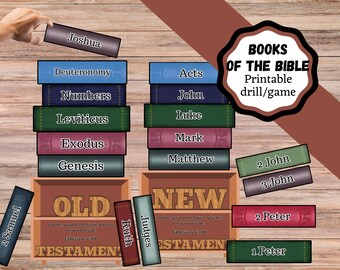 May include: A printable Books of the Bible drill game featuring colorful rectangular book spine labels with titles like Joshua, Deuteronomy, Numbers, Leviticus, Exodus, Genesis, Acts, John, Luke, Mark, Matthew, 2 John, 3 John, 2 Peter, 1 Peter, 2 Samuel, Ruth, and Judges.
