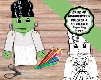Marionnettes en sac en papier La mariée de Frankenstein, marionnettes en sac en papier pour enfants pour l'automne.