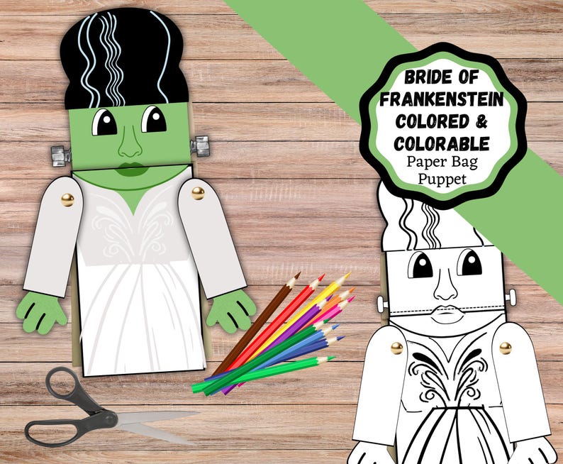 Bride of Frankenstein Paper Bag Puppet, Paper Bag Puppet Kids Craft for