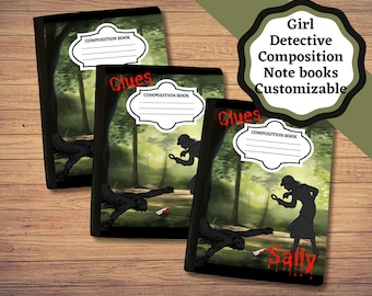 May include: Three composition notebooks featuring a forest scene with a silhouette of a detective holding a magnifying glass, a fallen figure, and the text Clues and Sally. Each notebook has a white label with the text COMPOSITION BOOK.