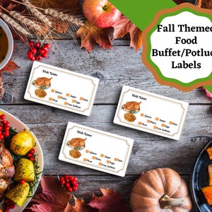 Printable Fall/Thanksgiving themed food labels for buffets, potlucks, or family dinners. Labels potential allergies and dietary restrictions