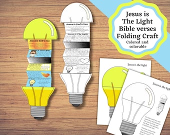 May include: A light bulb folding craft featuring Bible verses. The set includes two assembled light bulb shapes with accordion-folded paper inserts containing text and illustrations, plus two printed sheets with instructions and outlines.