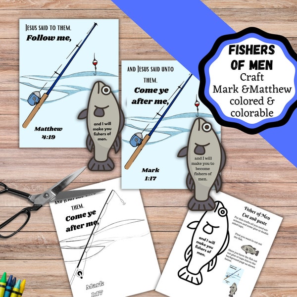 Printable fishers of men bible craft. Versions for Matthew and Mark in a colored and colorable version.  Bible Church kids craft.