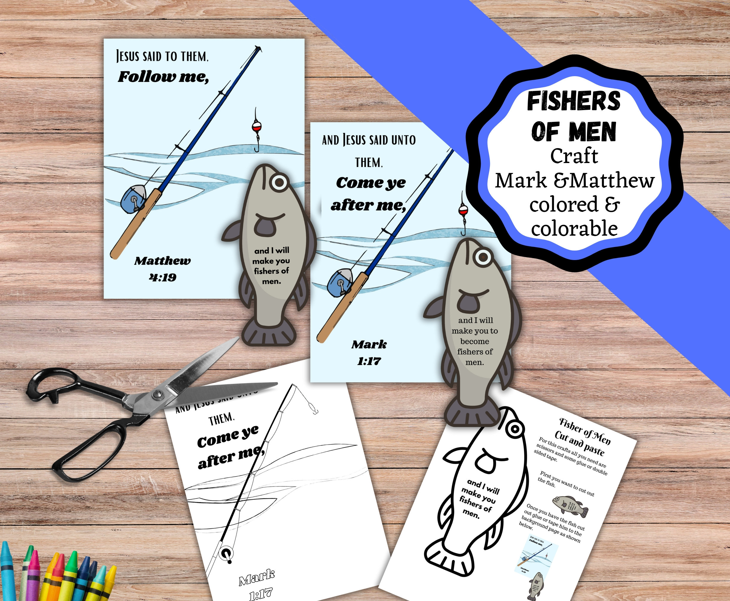 Printable Fishers of Men Bible Craft. Versions for Matthew and Mark in
