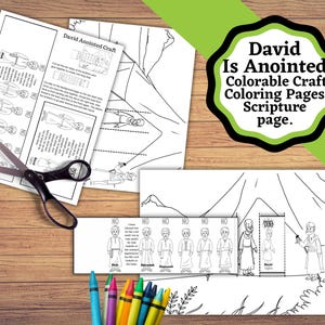 Peut inclure: Pages à colorier en noir et blanc avec le texte "David Is Anointed Colorable Craft Coloring Pages Scripture page." Des ciseaux et des crayons de couleur sont également visibles.