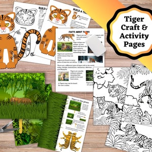 Afdrukbare tijgerknutsel- en activiteitenset. Bouw een tijger, Tiger in Jungle ambachten. Kleurplaten en informatieblad voor tijgers.