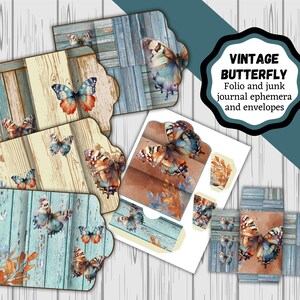 Rustic Vintage Butterfly Folio, Ephemera e Envelopes. Butterfly Junk Journal, scrapbooking. Carta digitale Folio.