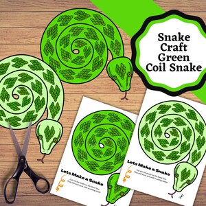 May include: Printable craft template for making a green coil snake. The template includes two green snake shapes with a leaf pattern. The text on the template says "Lets Make a Snake".