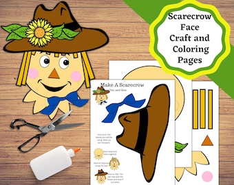 May include: Printable craft and coloring pages for making a scarecrow. The pages include a scarecrow face, hat, bow, and straw. The instructions say "Make A Scarecrow, Cut, and Glue."