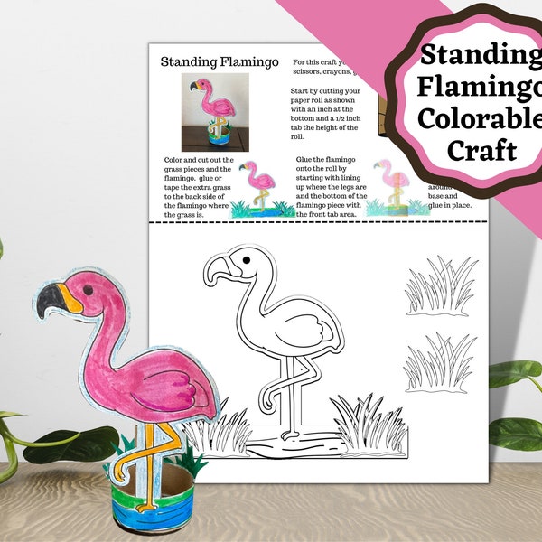 Printable  Standing Flamingo Craft mage with toilet paper roll or construction paper. Quick and easy kids craft.