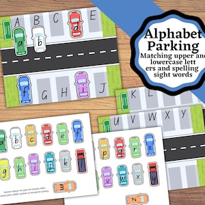 May include: Alphabet Parking game for children.  Matching uppercase and lowercase letters and spelling sight words.  The game includes a road with parking spaces and cars with letters on them.
