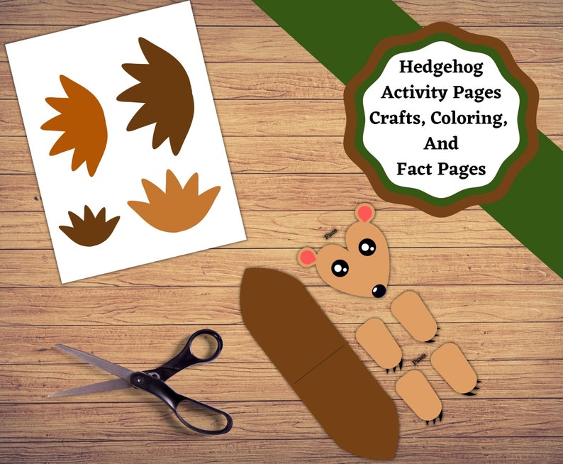 May include: Printable craft activity pages featuring a hedgehog. The pages include a hedgehog body, head, spines, and feet to cut out and assemble. The title of the activity is "Hedgehog Activity Pages, Crafts, Coloring, And Fact Pages".