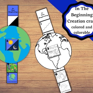 Manualidad de la Biblia de la Creación para imprimir. Manualidad para niños sobre los 7 días de la creación en formato coloreado o para colorear. Manualidad de la creación para la escuela dominical.