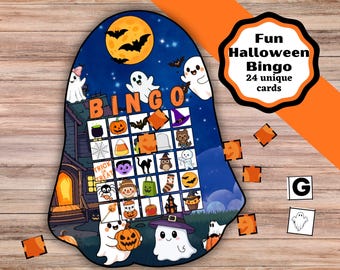 May include: A ghost-shaped Halloween bingo game board featuring a dark blue night sky with a yellow moon, bats, and white ghosts. The grid contains icons of pumpkins, candy corn, and spiders. Text reads Fun Halloween Bingo 24 unique cards.