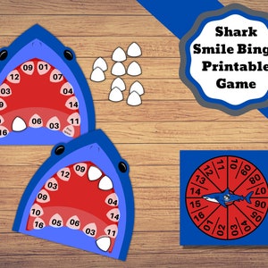Afdrukbaar bingospel Shark, bingospel Shark Smile met 25 kaarten die je kunt uitknippen. Haaienspel