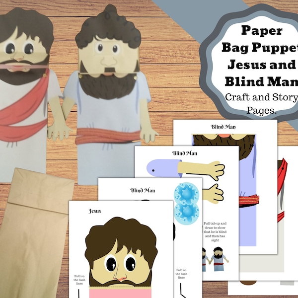 Printable paper puppets for the story of Jesus heals the blind man, Jesus and blind man gains sight puppet.