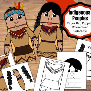 May include: Printable paper bag puppets of Indigenous Peoples. The puppets are colored and ready to be cut out and assembled. There are also black and white versions for coloring.