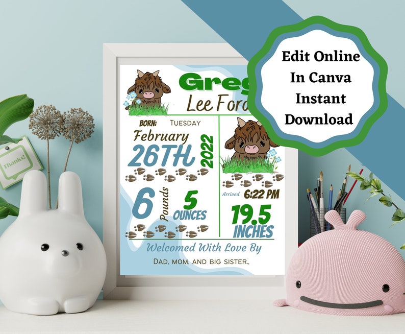 Birth Stats, Birth Announcement, Digital Editable Download With Blue